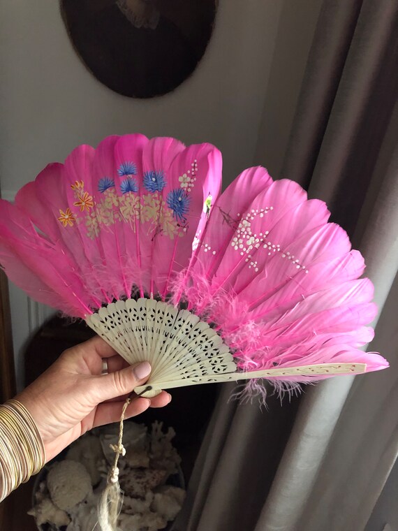 Antique Art Deco Hot Pink Ostrich Feather Fan Hand