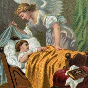 Antique Prayer Card Holy Card Gorgeous Guardian Angel Baby in Cradle Bible Emphera Religious Art Original Not Copy