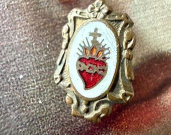 Antique Victorian Religious Pin Brooch Tiny Enamel Sacred Heart Brooch Old C Clasp Closure