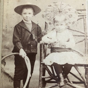 Antique French CDV Carte De Viste Photo Two Adorable Children Hoop Umbrella Circa 1889