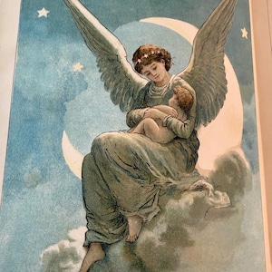 May include: A vintage-style illustration depicting a winged figure with brown hair wearing a long, flowing blue-green robe, cradling a small child. They are seated on a cloud against a backdrop of a large white crescent moon and yellow stars.