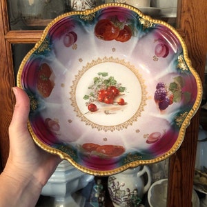 Stunning Antique Porcelain Gilded Hand Painted German Large Bowl Shamrocks Cherries Fruit Decoration Fabulous