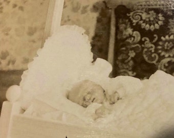 Larger Format Antique Cabinet Card Photo Baby Post Mortem Cradle Sepia Circa 1800’s