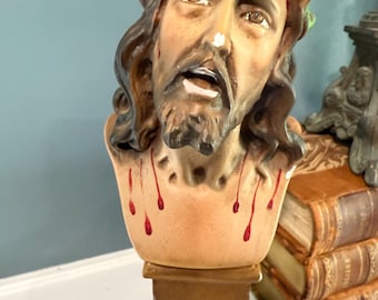 SALE Vintage Religious Roman Art Statue Bust Chalk Ware Cristo De Limpias Jesus Crown of Thorns Blood Droplets AS IS