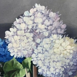May include: A painting of a bouquet of hydrangeas in shades of blue, white, and purple. The flowers are arranged in a vase and are surrounded by green leaves.