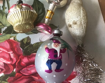 SOLD Separately Vintage Mercury Glass Christmas Tree Ornaments Mid Century Parrot Roses Basket Santa Elf
