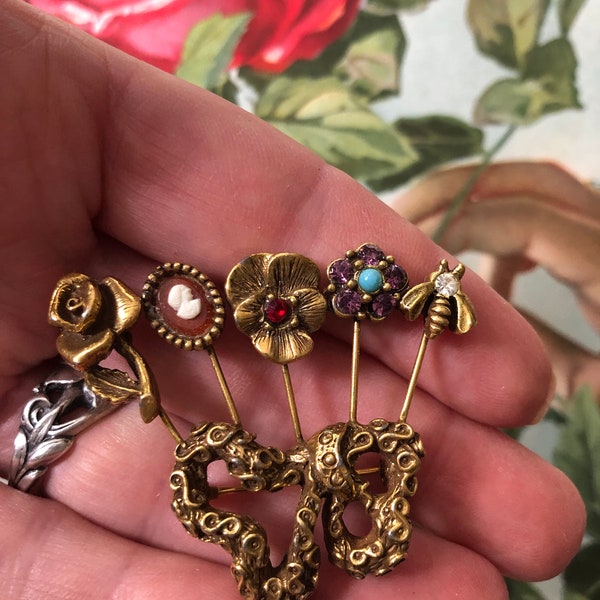 Lovely Vintage Unsigned Goldette Brooch Stick Pins Bee Pansy Cameo