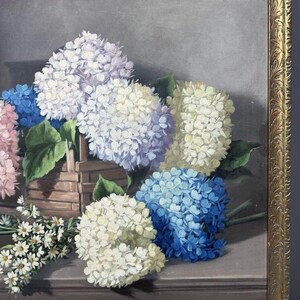 May include: A still life painting of a basket of hydrangeas in shades of blue, white, and pink. The flowers are arranged in a rustic wooden basket and are surrounded by small white flowers.