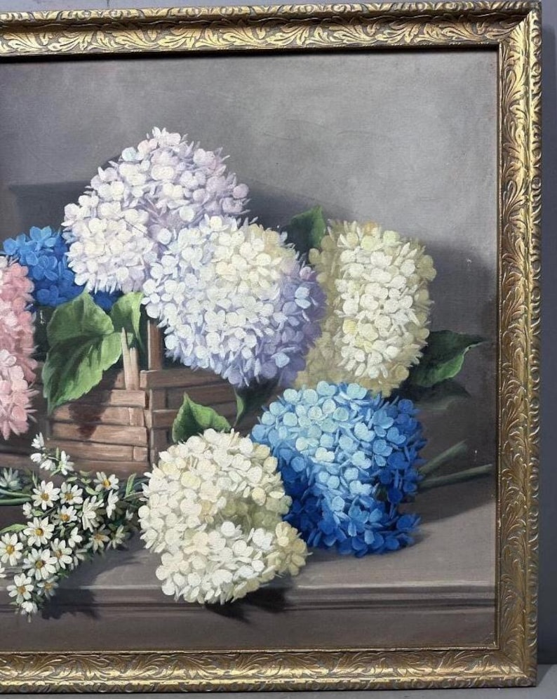 May include: A still life painting of a basket of hydrangeas in shades of blue, white, and pink. The flowers are arranged in a rustic wooden basket and are surrounded by small white flowers.