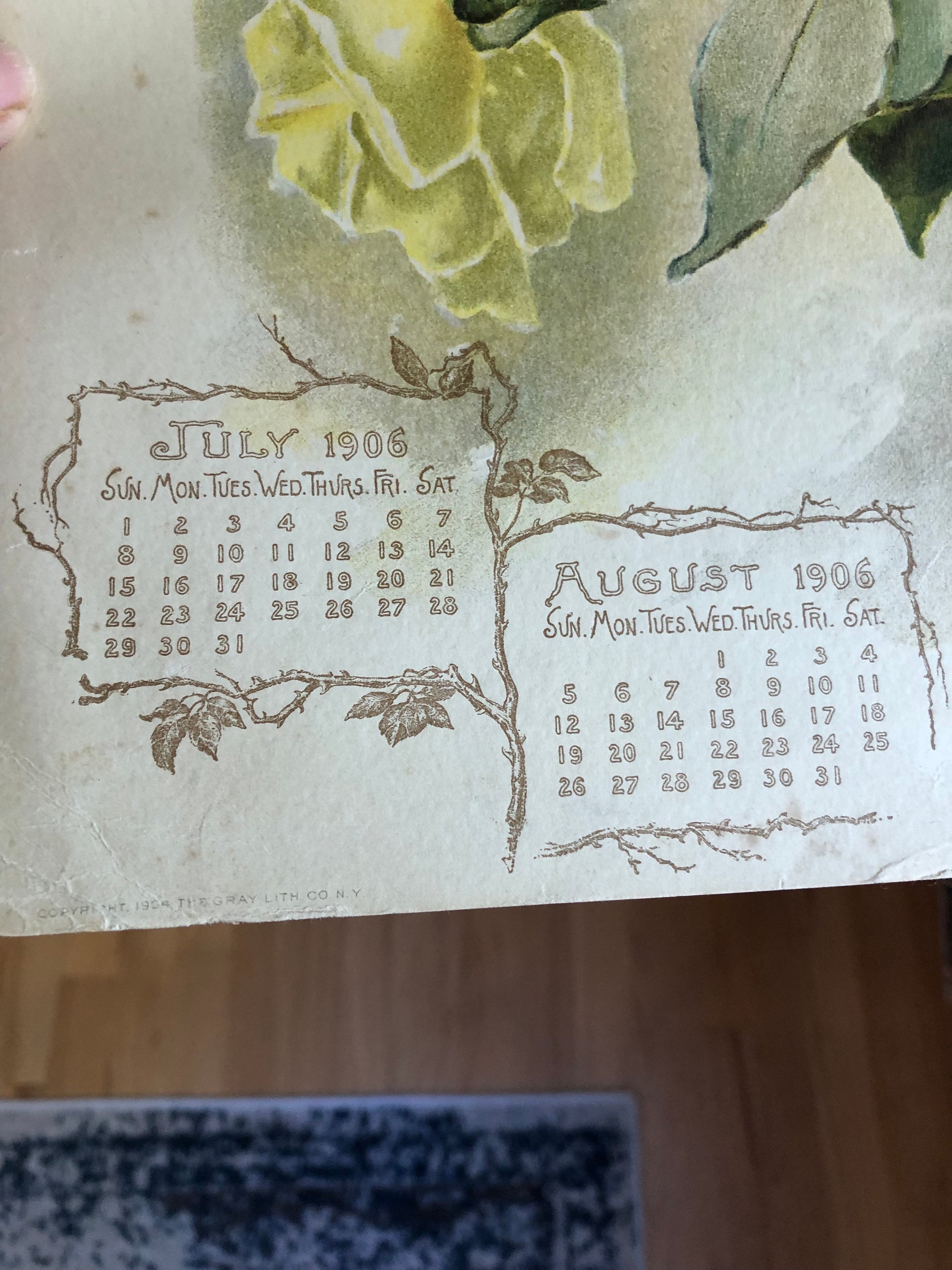 Antique 1908 Calendar Pages Stunning Roses Lithography Prints Birthday ...