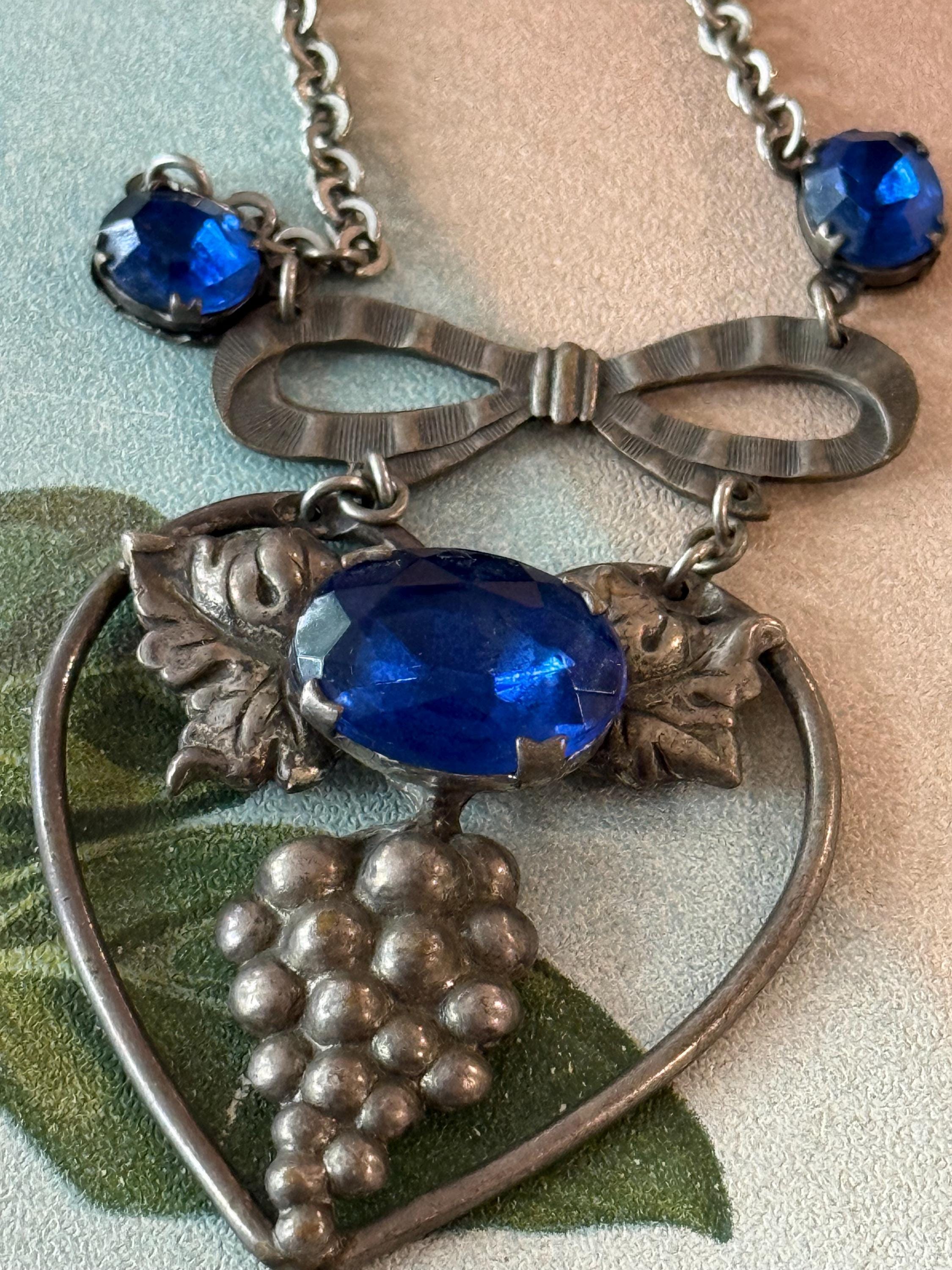 Statement Jewelry Antique Art Deco Lavalier Pendant Heart Necklace Cobalt Blue Open Back Faceted Rhinestones Grape Decor Vintage Jewelry