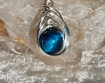 High-Quality Blue Tiger’s Eye 925 Sterling Silver Wire Wrapped Frequency Imprinted Necklace, Crystal Pendant, Silver Jewelry, Gemstone.