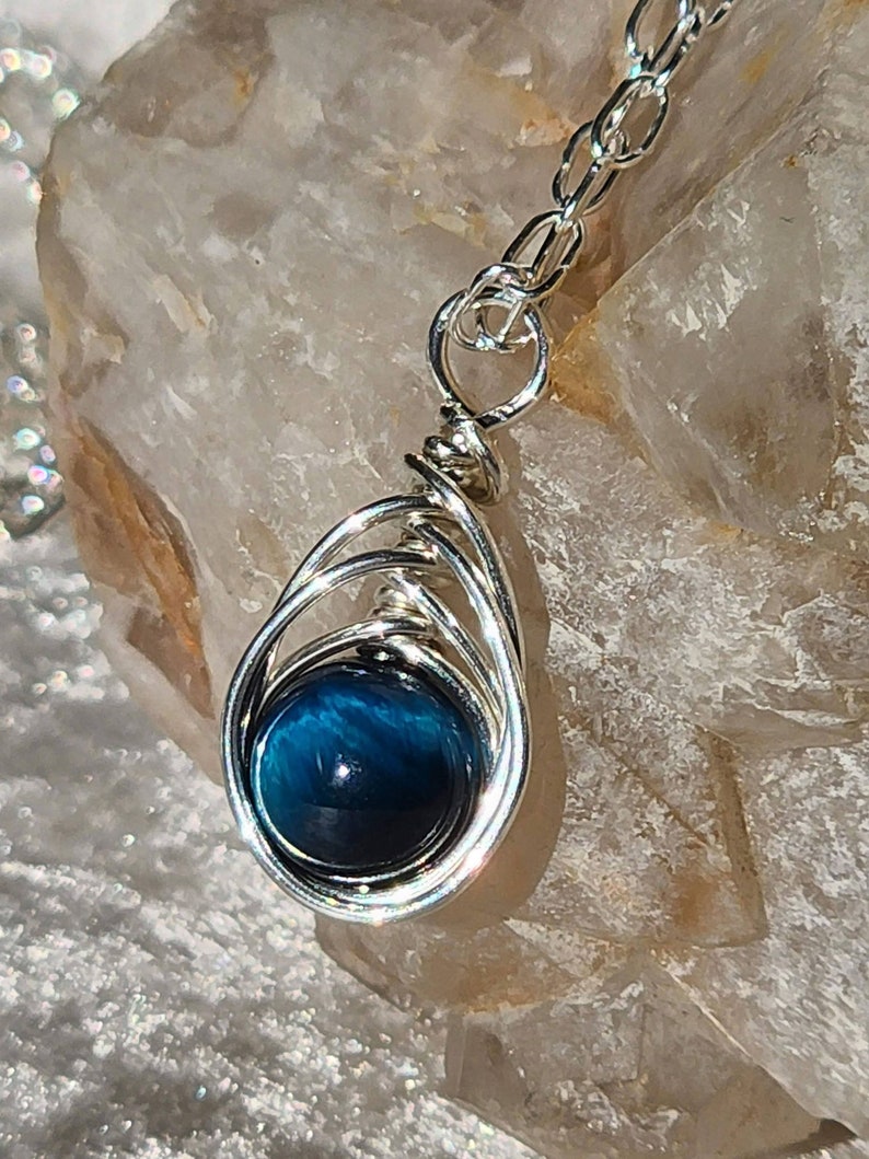 High-Quality Blue Tigers Eye 925 Sterling Silver Wire Wrapped Frequency Imprinted Necklace, Crystal Pendant, Silver Jewelry, Gemstone. image 3