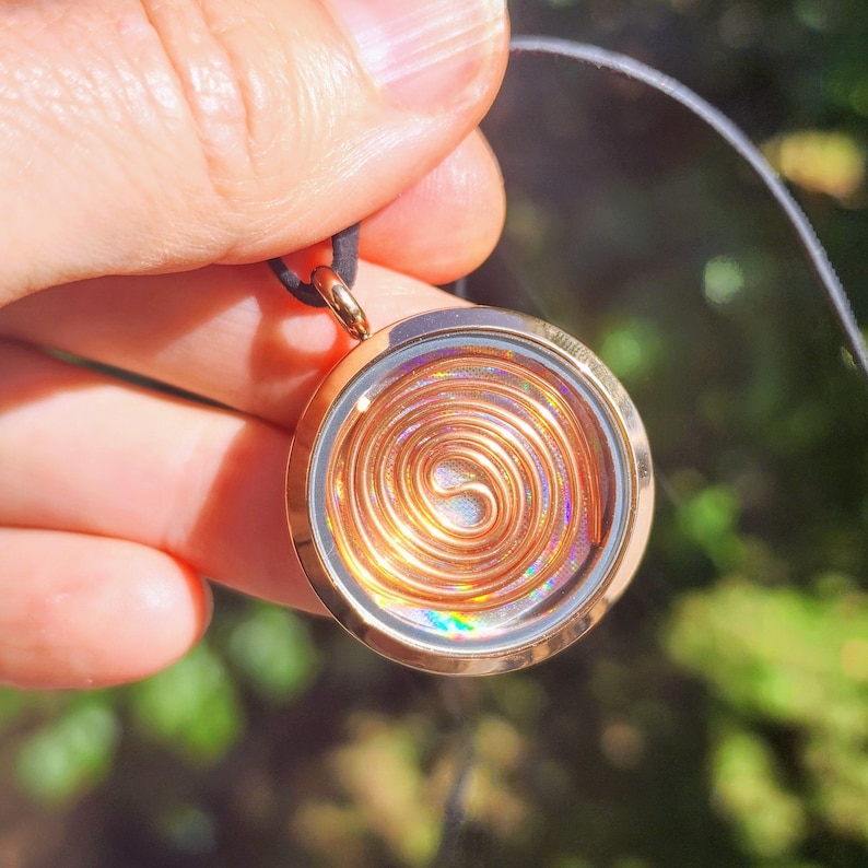 Rose Gold Colour Frequency Imprinted Energy Jewellery, Jewelry, Copper Tesla Coil and Holographic Imprinted Pendant. image 1