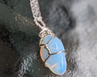 High-quality Opalite sterling silver wire wrapped necklace, crystal pendant, silver jewellery, raw gemstone, unferal HiPPiE.