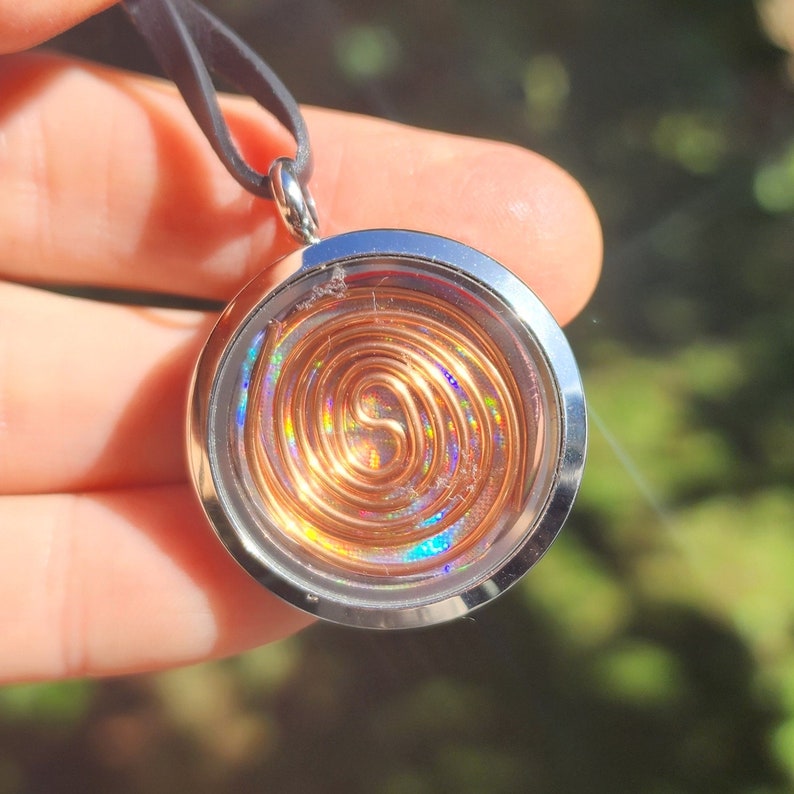 Silver Colour Frequency Imprinted Energy Jewellery, Copper Tesla Coil and Holographic Imprinted Pendant. image 1