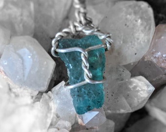 High-quality Blue Apatite sterling silver wire wrapped necklace, crystal pendant, silver jewellery, raw gemstone, unferal HiPPiE.