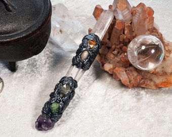 Clear Quartz, Amethyst, Citrine, Tigers Eye and Ruby in Zoisite Crystal Wand