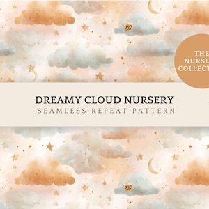 May include: A seamless repeat pattern featuring watercolor clouds in shades of peach and grey, interspersed with golden stars, crescent moons, and small bees. The text reads: ORIGINAL ARTWORK by Calico & Cream, DREAMY CLOUD NURSERY, THE NURSERY COLLECTION, 4800 x 4800 px, 300 dpi.
