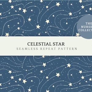 Pode incluir: Um padrão de repetição sem costuras com estrelas cor de creme e linhas pontilhadas em espiral sobre um fundo azul escuro. Uma faixa branca central exibe o texto CELESTIAL STAR SEAMLESS REPEAT PATTERN, ORIGINAL ARTWORK by Calico & Cream, e THE NURSERY COLLECTION com 4800 x 4800 px 300 dpi.