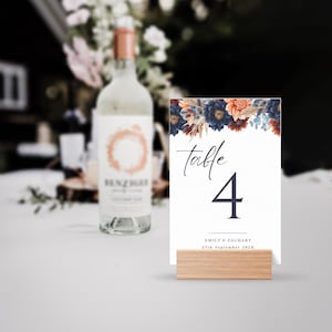 Fall Wedding Table Number Canva Template – Editable Terracotta & Navy Floral Sign – Autumn Reception Decor – Instant Download
