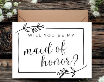 Maid of Honor Proposal Card: Minimalist Black & White Floral (PDF Downloadable Print, 5x7in