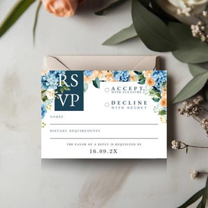 Blue Hydrangea Wedding RSVP Card Template | Elegant Floral Printable RSVP | Formal Wedding Response Card | Editable Instant Download