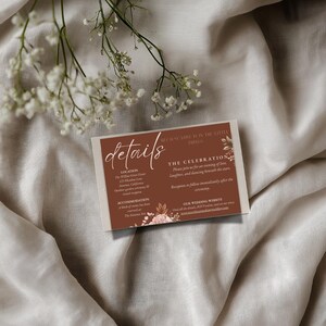 Modelo de cartão de detalhes de casamento Boho • Floral rosa e neutro • Editável no Canva • Suíte de casamento Boho rústica • Download instantâneo