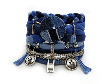 Blue Denim Patchwork Boho Hippie Bracelet Multi Layer Button Charm Seamstress Gift Eco Friendly YKK Zipper Bracelet