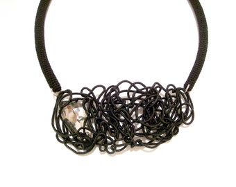 Dramatic Black Necklace Free Motion Tubular Sculpture Futuristic Party Necklace