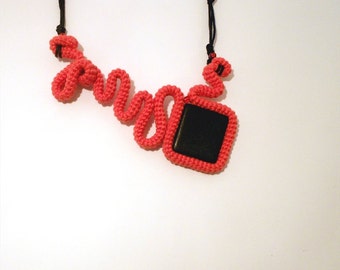 Modern Crochet Tube Statement Necklace, Coral Red and Black Curved Form pendant