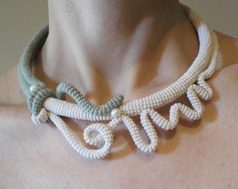 Crochet Morphic Necklace, Yin-Yang Fantasy Style Choker Army Green Ivory