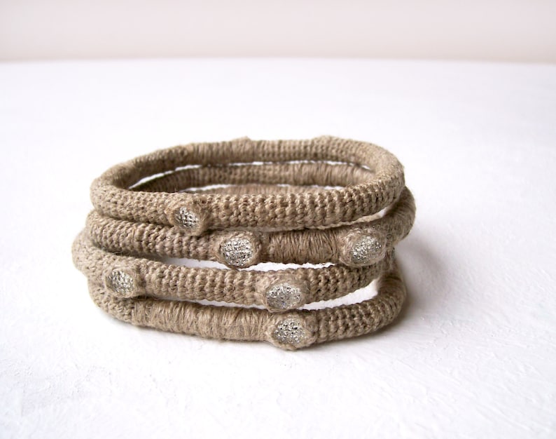 Burlap Twine Bracelets Four Bangles Set Primitive Stacked Etsy
