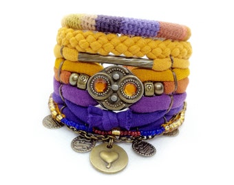 Yellow Purple Bohemian Bracelet Boho Bracelet Set Costume Jewelry Bohemian Style Layering Bracelet Heart Charm