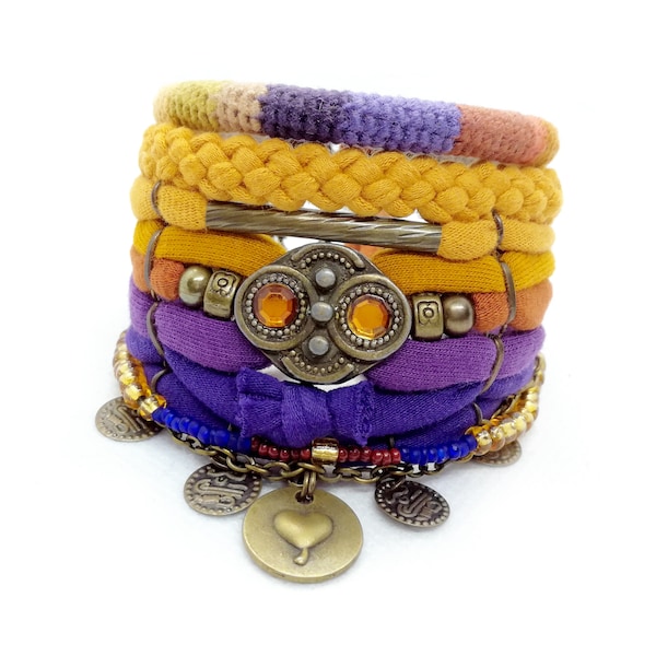Yellow Purple Bohemian Bracelet Boho Bracelet Set Costume Jewelry Bohemian Style Layering Bracelet Heart Charm