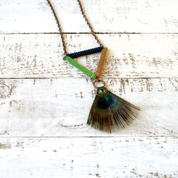 Peacock Tribal Triangle Pendant Necklace, Ethnic Style Long Necklace