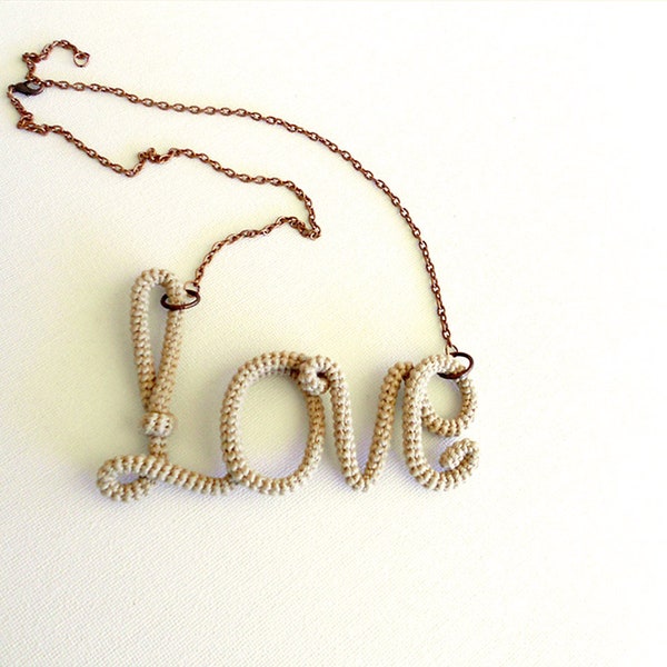 Rustic Love Necklace, Valentine's Day Gift, Crochet Love Word Pendant