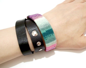 Wrap Bracelet Black Leather Iridescent Crochet