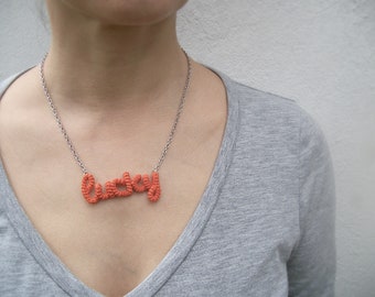 Lucky Necklace - Lucky Word Pendant - Friendship Necklace - Orange Crochet Inspirational Charm