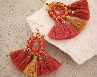 Orange Earrings Fan Tassels, Festival Earrings, Gypsy Earrings, Boho Fan Earrings Trendy Jewelry Gift for Her