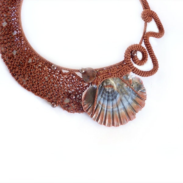 Unique Collar Necklace Copper Brown Scallop Seashell Statement Fashion