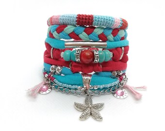 Pulsera boho roja y turquesa, pulsera gitana estrella de mar, conjunto de pulseras boho joyería gitana, pulsera multicapa estilo hippie