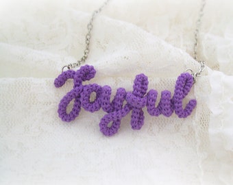 Joyful Halskette, Joyful Word Anhänger, inspirierend, positiv, lila Halskette, Ein Wort Mantra, Wort Schmuck