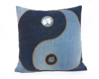 18x18 Denim Pillow Cover Yin Yang Tai Chi Decor, Blue Jeans Cushion, Home Gift Idea, Eco Friendly Cushion