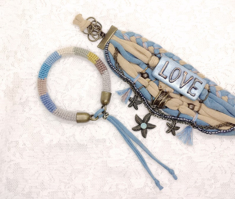 Bohemian Bracelet Beige and Blue Boho Bracelet Hippie image 4