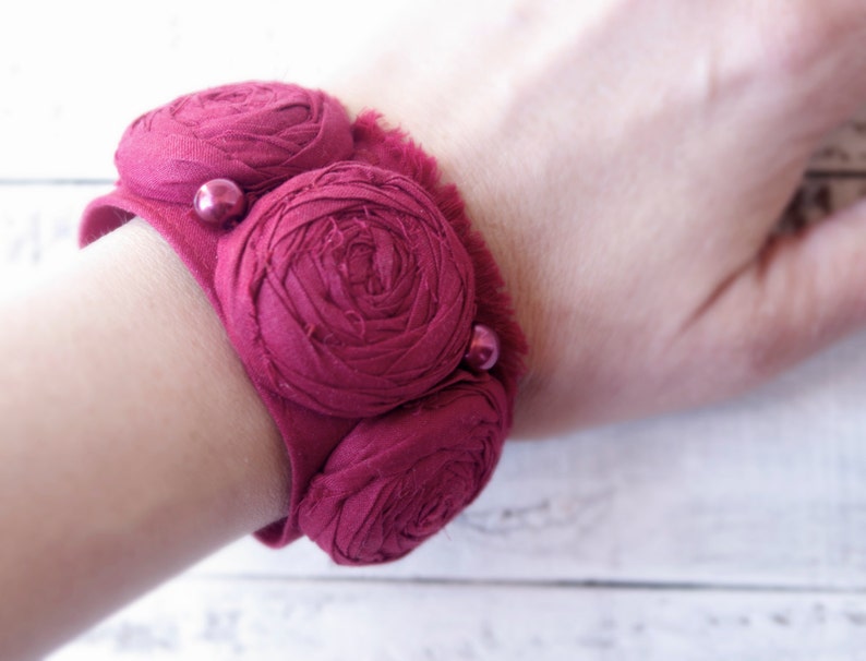 Wrist Cuff Fabric Bracelet Deep Red Rosettes and Pearls Etsy