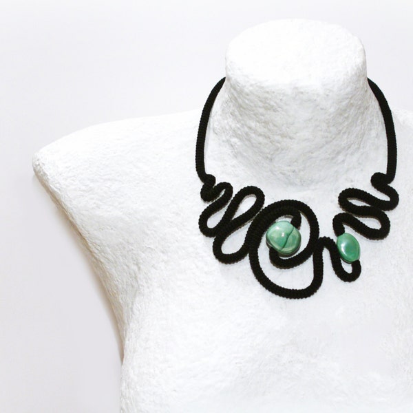Irregular Fashion Necklace Black and Mint Green - Statement Crochet Necklace - Black Fractals Artistic Labyrinth