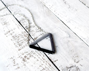 Triangle Necklace, Minimalist Geometric Necklace, Simple Modern Crochet Pendant,  black gray ombre triangle