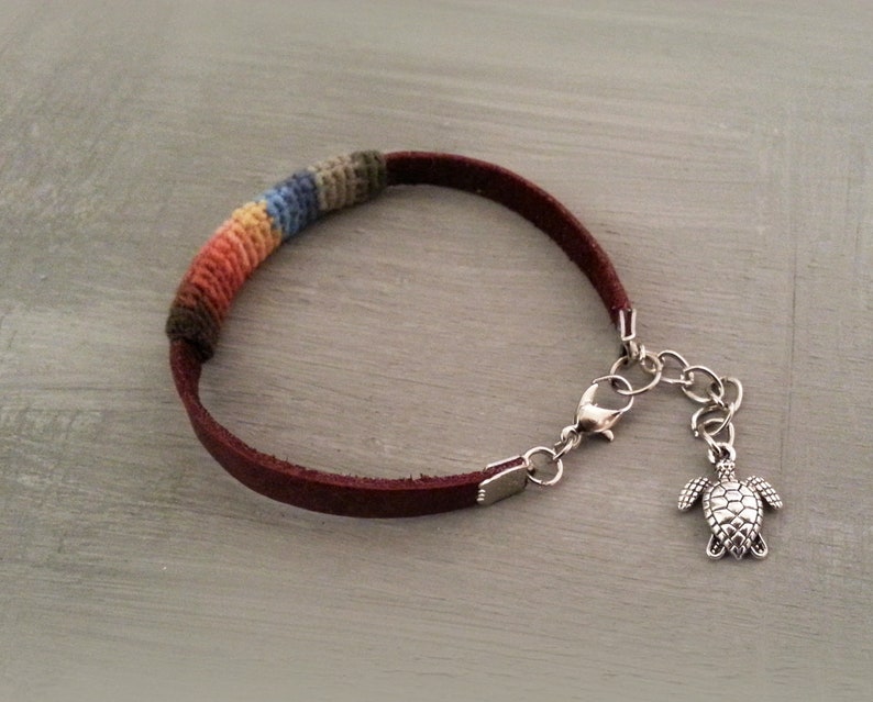 Slim Men Bracelet, Multicolor Friendship Mens Bracelet, Leather Men Bracelet Turtle Charm, simple bracelet men image 3