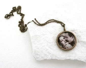 Love Photo Necklace, Glass Dome Pendant, Retro Style Necklace, Natural Linen Pendant